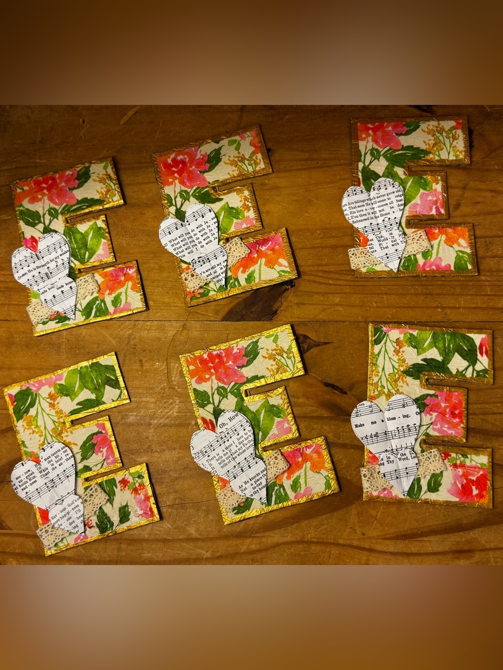 Handmade Decorative Letter “E” - Floral and Hymnal Music Sheets